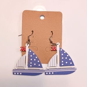 HANDMADE Red, White, & Blue Stripes & Polka Dots Wooden Sailboat Earrings